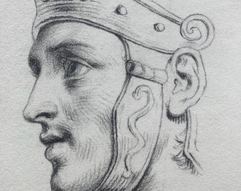 Original 19th Century Antique Charcoal Pencil Portraits Side Profiles of Roman Gentlemen