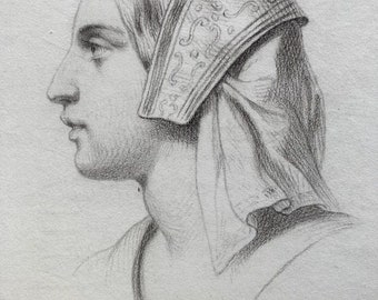 Original 19th Century Antique Charcoal Pencil Side Profile Portrait of a Medieval Woman Drawn on J Whatman 1952 Watermarked Paper