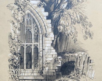 Monogrammed & Dated 1847 Original 19th Century Antique Pencil Drawing Sketch Study Of Abbey Ruin Landscape Heightened in White