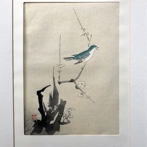 Impression à l'encre vintage japonaise du milieu du 20e siècle par C Kano Plum Blossom & Nightingale image 2