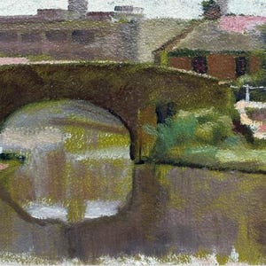 George Edmund Butler Original early 20th Century Antique Oil Painting on Board Warehouse & Bridge Landscape