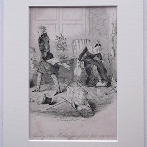 RARE 19th Century John Leech Antique Mounted Engraving &quot;Stanley & mother going into their accounts&quot;