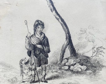 Portrait ancien original du XIXe siècle au crayon au fusain dessiné sur du papier en filigrane de 1839 Berger et chien à la croisée des chemins