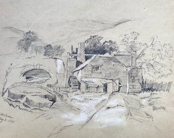 Signé J Wilson 1851 esquisse au crayon antique originale du XIXe siècle moulin à eau étude de paysage anglais