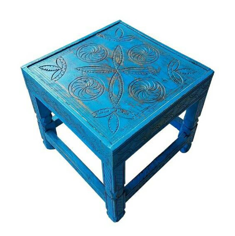 Moroccan Aged Cedar Wood Side Table Dark Turquoise Image 0