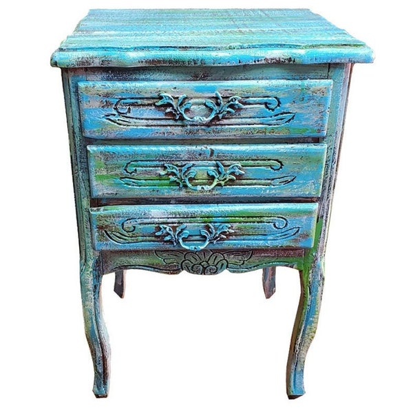 Vintage French Style Wooden Night Stand, Multicolor Wash Collection