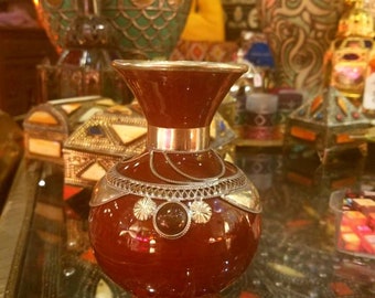 Moroccan Metal Inlaid Ceramic Vase / Burgundy