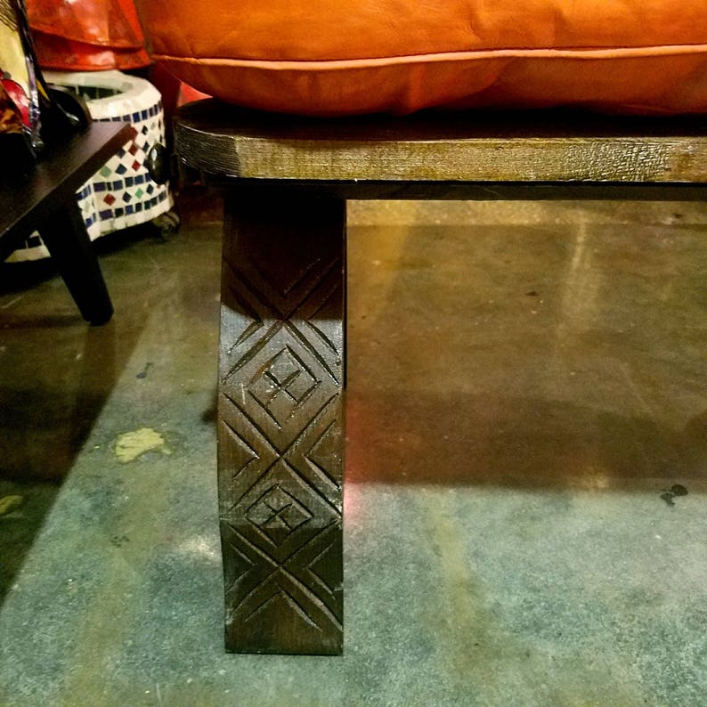 Moroccan Camel Saddle Faded Orange Leather Cushion Carved Cedar Wood Base Turkish And Indian Decor
