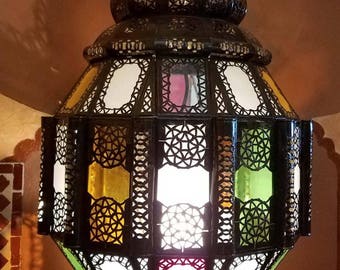 Turkish Moroccan Handmade Metal Lantern and Multi-Color Glass