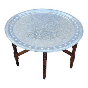 Moroccan Silver Tray Table, Round with Wooden Folding Base / Silver Finish / LM27 2