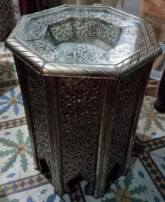 Moroccan Metal Inlaid Side Table Regular Height