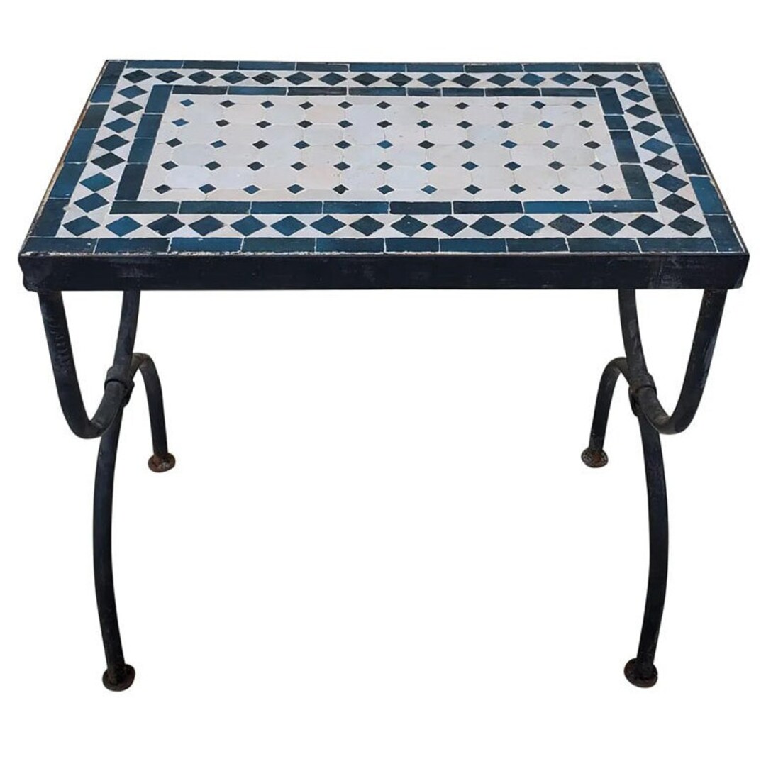 Handmade Moroccan White and Petrol Blue Mosaic Side Table, Rectangular