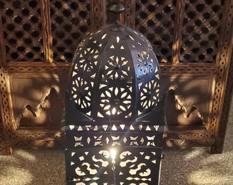 Moroccan Tin Punch Lantern Blue Glass Lamp Candle Holder Black Hang Or Table 10” 