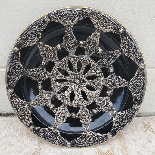 Decorative Metal Inlaid Moroccan shops Hand painted Plate - Black