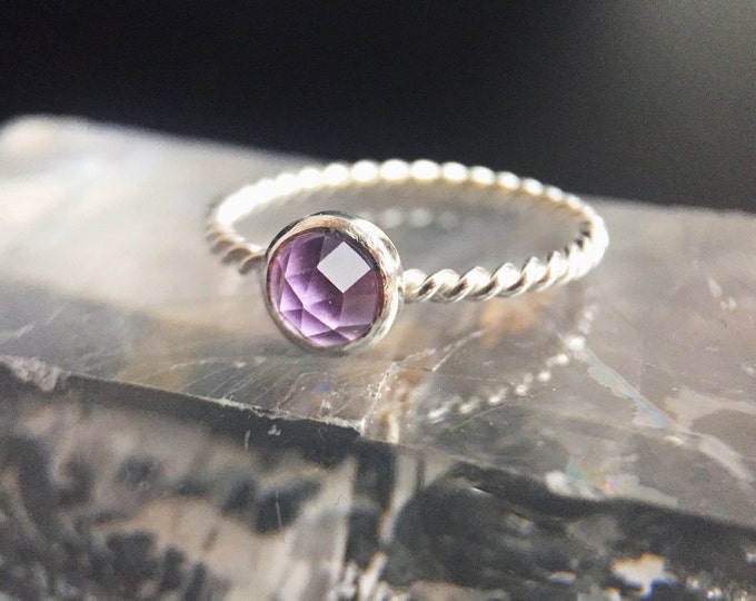 Rose Cut Lavender Amethyst Sterling Silver Hand Twisted Rope Solitaire Ring