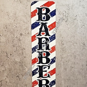 Metal Sign BARBER shop barbershop pole hair stylist cut chair hairdresser stripes shave salon the barber's decor man cave wall plaque