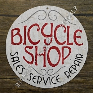 Metal Sign BICYCLE SHOP bike bikes cyclery vintage style cycle dealer cyclist sales service repair signage man cave decor bicycles round