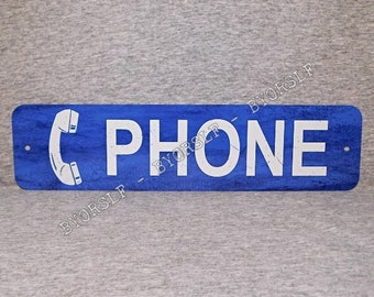 Metal Sign PHONE public pay coin telephone vintage replica booth prop rotary push button garage man cave decor signage 3" x 12" blue white