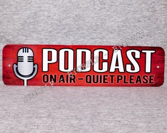 Metal Sign PODCAST studio ON AIR radio show talk show broadcast live news broadcasting room journalism door microphone podcasting quiet