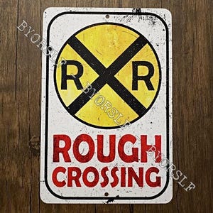 Metal Sign RAILROAD rough crossing stop red signal railway train transport station conductor rail track guard railroader worker man cave