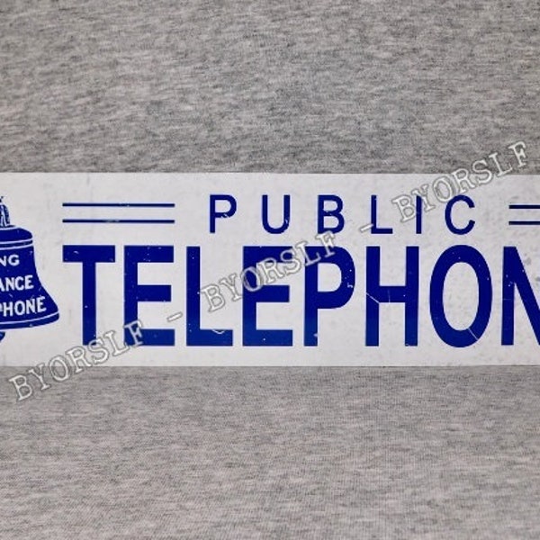 Metal Sign TELEPHONE public pay coin vintage replica phone booth prop rotary push button garage man cave wall plaque white blue bell