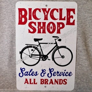 Metal Sign BICYCLE SHOP bike bikes cyclery vintage style replica antique cycle dealer cyclist sales service signage man cave decor