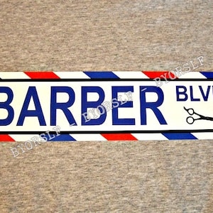 Metal Sign BARBER BLVD shop barbershop pole hair stylist cut chair hairdresser stripes culture life decor man cave wall plaque street
