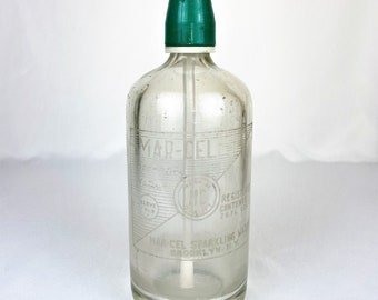 Antique Mar-Cel Sparkling Water Soda Bottle, Etched Art Deco Barware, Brooklyn