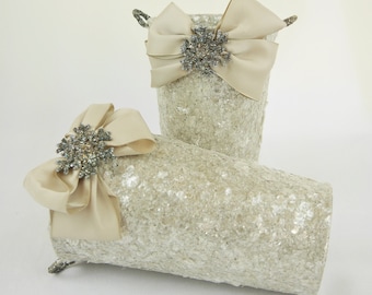 White Mica Glitter Decorative Table Decor, Matching Pots, Silver Snowflake Accents, Holiday/Wedding