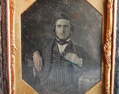 John Plumbe, Jr. Daguerreotype Photograph of Seated Man with Chin Beard Striped Trousers 1 6th Plate
