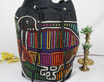 Mola Textile Handbag, Bucket Drawstring Bag, Handmade Applique Bird & Fish, Global Boho Style