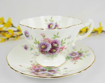 Vintage Footed Teacup and Saucer, Hammersley and Co. Bone China, Daisy Bouquet