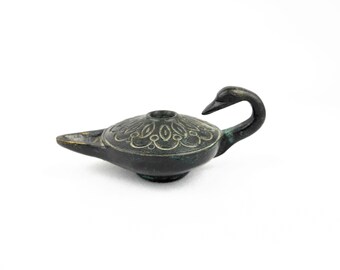 Cast Bronze Swan Oil Lamp, Greek Reproduction Genie Lamp, Symbol of Aphrodite, Love & Beauty