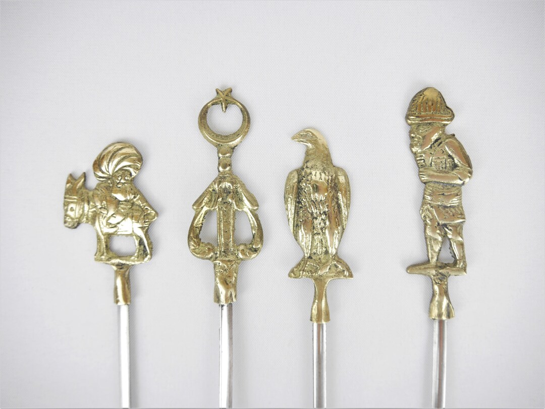 Vintage Turkish Shish Kabob Skewers, Brass Figural Tops, Stainless
