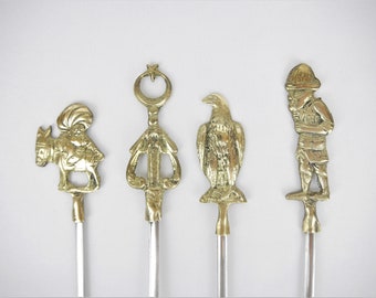 Vintage Turkish Shish Kabob Skewers, Brass Figural Tops, Stainless Steel Set of 4, Turkey Souvenir