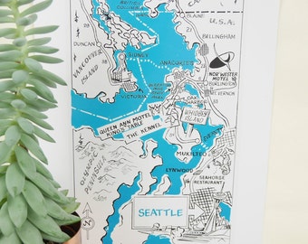 Vintage Seattle Map Art | Digital Download | Vintage Puget Sound, Olympic Peninsula, Whidbey Island