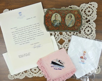 British Royal Souvenirs, Queen Elizabeth & RMS Queen Mary Handkerchiefs, King George VI/Queen Mary Coronation Tin, Premier Letter