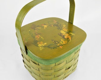 Vintage Handled Basket Handbag, Sewing Box, Hard Sided Green Stain, Butterfly Fairies, Cottagecore