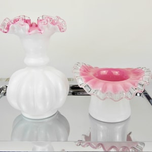 Vintage Fenton White & Pink Milk Glass Melon Vase 6" and Top Hat, Peach Crest Line