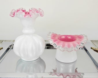 Vintage Fenton White & Pink Milk Glass Melon Vase 6" and Top Hat, Peach Crest Line