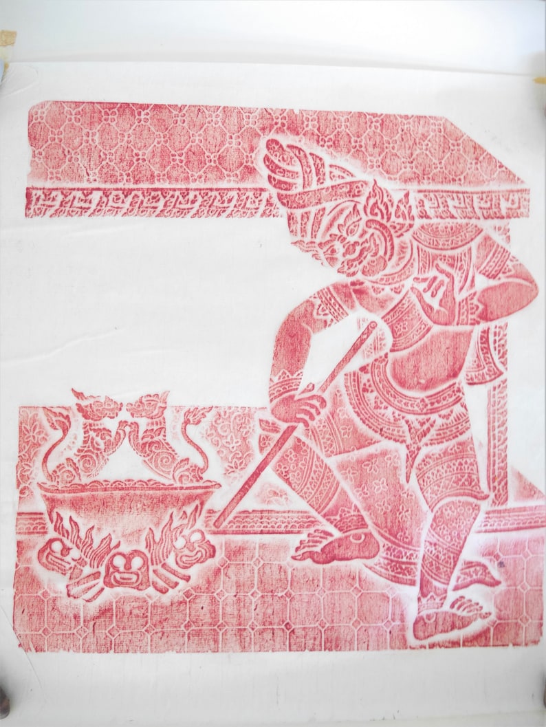 Vintage Thai Temple Charcoal Rubbing Art Rice Paper Etsy