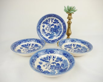 Vintage Blue Willow Berry/Dessert Bowls, 6", Set of 4, Marked Japan, Ironstone Restaurant Ware
