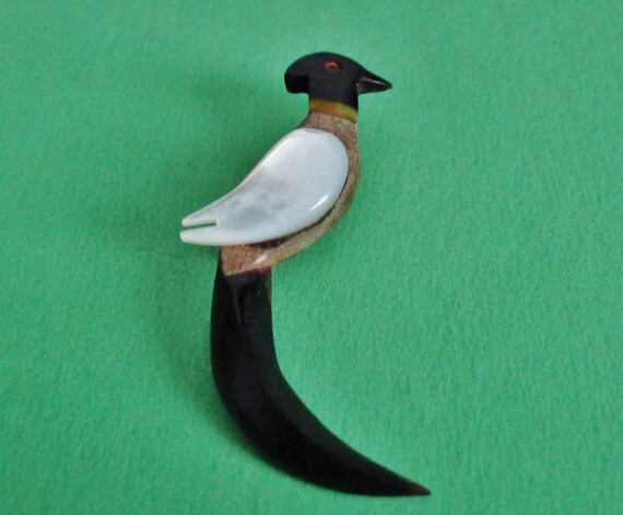 Lovely vintage wood & mother of pearl bird brooch… - image 5