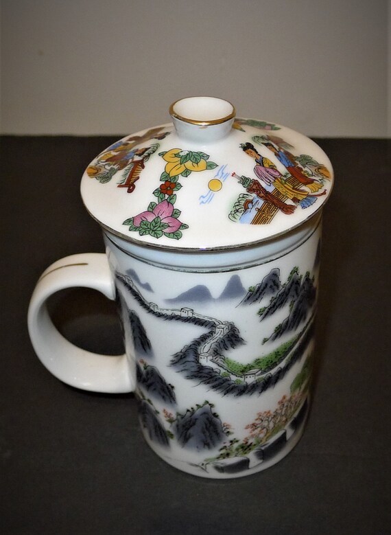 Nice Chinese Three Piece Porcelain Tea Mug With Infuser and Lid.chinese Tea Set Including Cup Infuser and Lid. Etsy