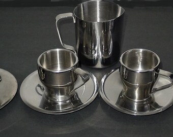 Lot of 4 vtge sets BREVILLE CAFE ROMA Stainless Espresso Cups with Saucers + 1 creamer-4 sets cups+ saucers Bréville Café Roma + creamer