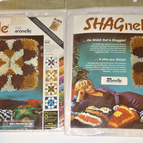 Pair of Vintage SHAGNELLE Latch Hook Rug Carpet Printed Pillows Canvas 13" x 13"