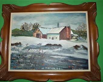 Beautiful oil painting representing a Quebec farm. Signed. Nice vintage oil painting: barn and country house.