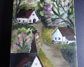 Vertical Rural Scene - Pretty Vtge Oil Painting 6" x 12" -Vertical rural scene - pretty oil painting 6" x 12"