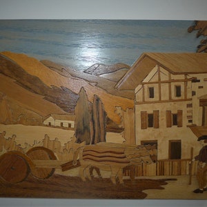 Beautiful work of mural marquetry representing a rural scene. 11" x 8.5"