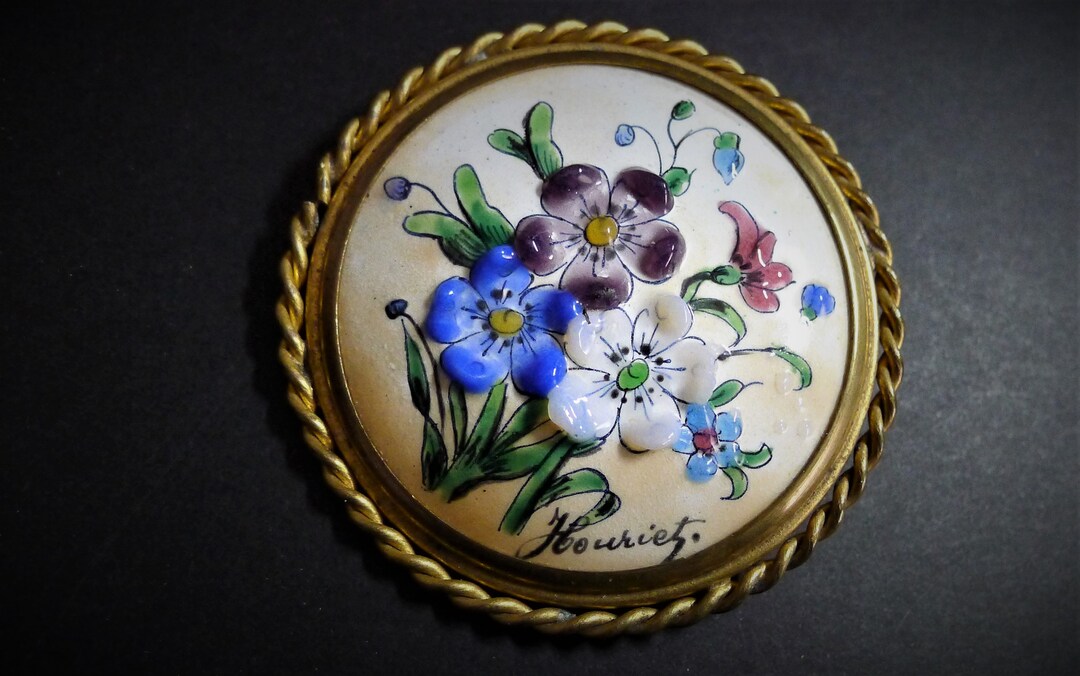 Broche émaillée Vintage Avec Fleurs - Créateur - Occasion